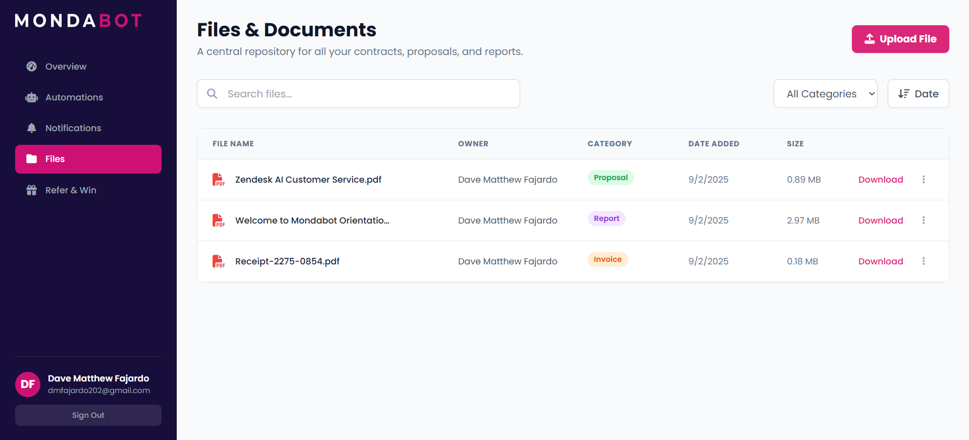 Files & Documents Page